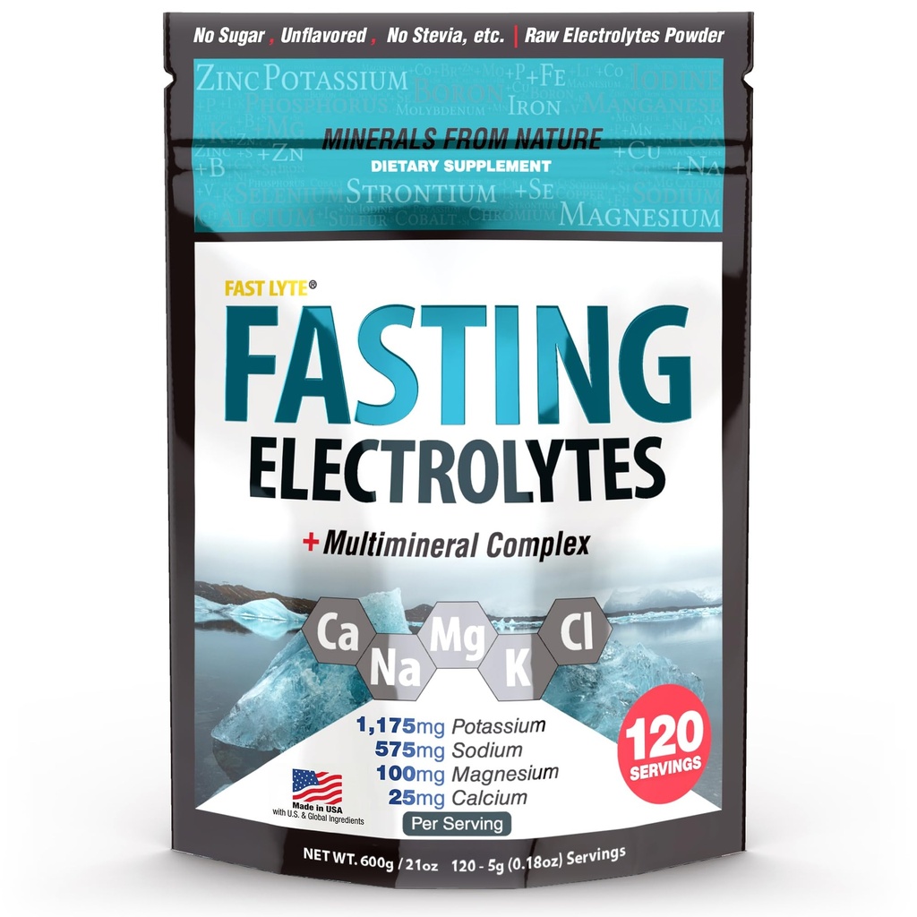 Fasting Electrolyte Suplemento Polvo Silencio No Azúcar Electrolitos crudos Desflavoreados ← 50% RDI Magnesio y Potasio con Trace Minerals ← Carnivore &amp; Keto Friendly ← Sugar Free Fasting Salts