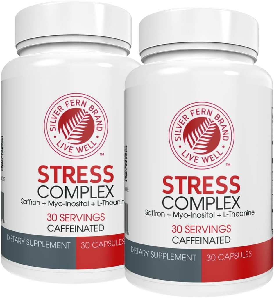 Suplemento Complejo de Estrés de Fern de Plata - con Caffeine, Worry, Mood &amp; More - con Suplementos de Saffron, L-Theanine y Myo-inositol - Suplemento de Alivio de Estrés Natural (Pack o 2)