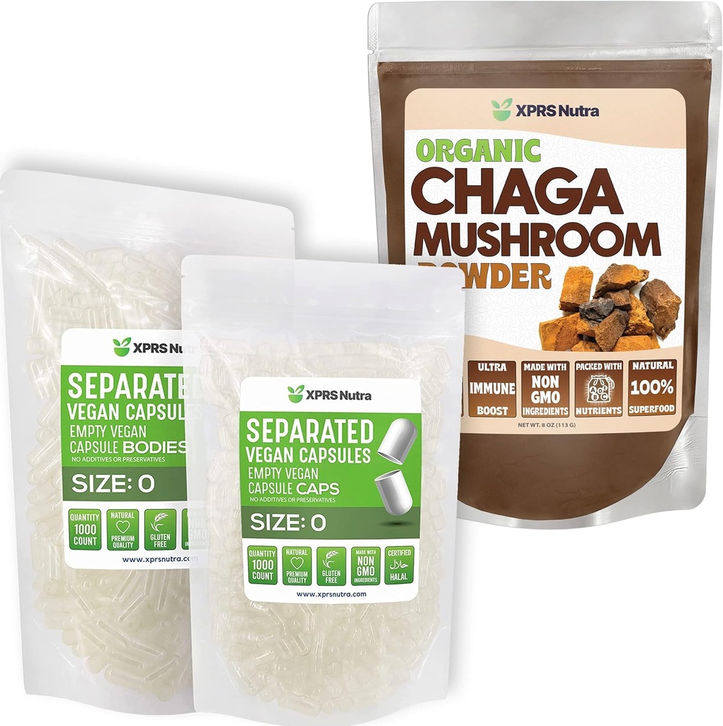 XPRS Nutra Tamaño separado 0 cápsulas (1000 conde) con Chaga Powder (8 onzas) Bundle