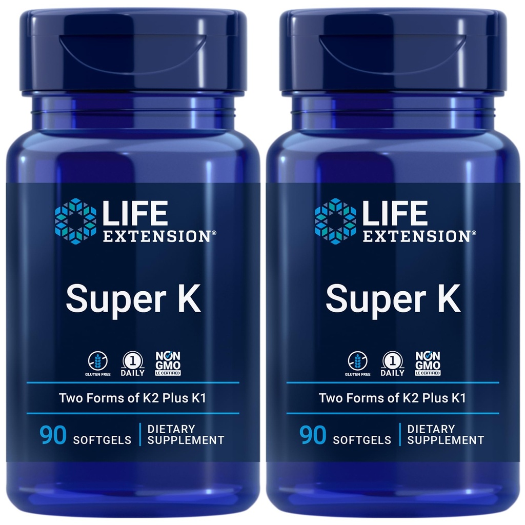 Super K, Vitamina K1, Vitamina K2 mk-7, Vitamina K2 mk-4, Vitamina C, Bone/Heart/arterial Health, 3-Month Supply, Gluten-Free, 1 Daily, Non-GMO, 90 softgels (Pack of 2)