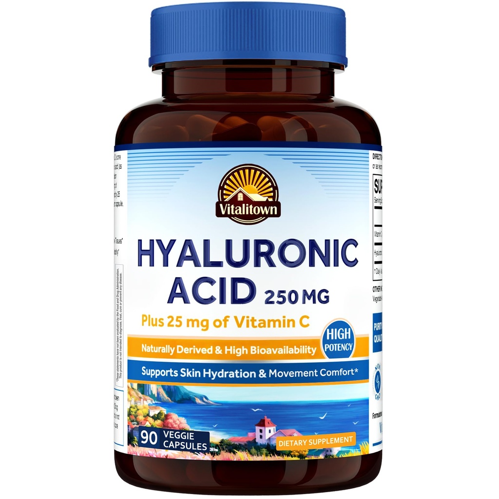Suplementos de ácido hialurónico de Vitalitown 250 mg, más 25 mg de vitamina C, naturalmente derivada " alta biodisponibilidad, hidratación de la piel, 90 cápsulas veganos, 3 meses de suministro
