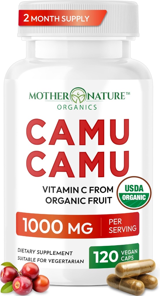Vitamina orgánica C de Camu Camu Capsules 1000mg, Empaquetado con VIT natural C, Antioxidantes crudos - Suplemento de Apoyo Inmunitario " Anti-Aging for Skin - Powder Organic, Vegan, Non-GMO (120 Conteo)