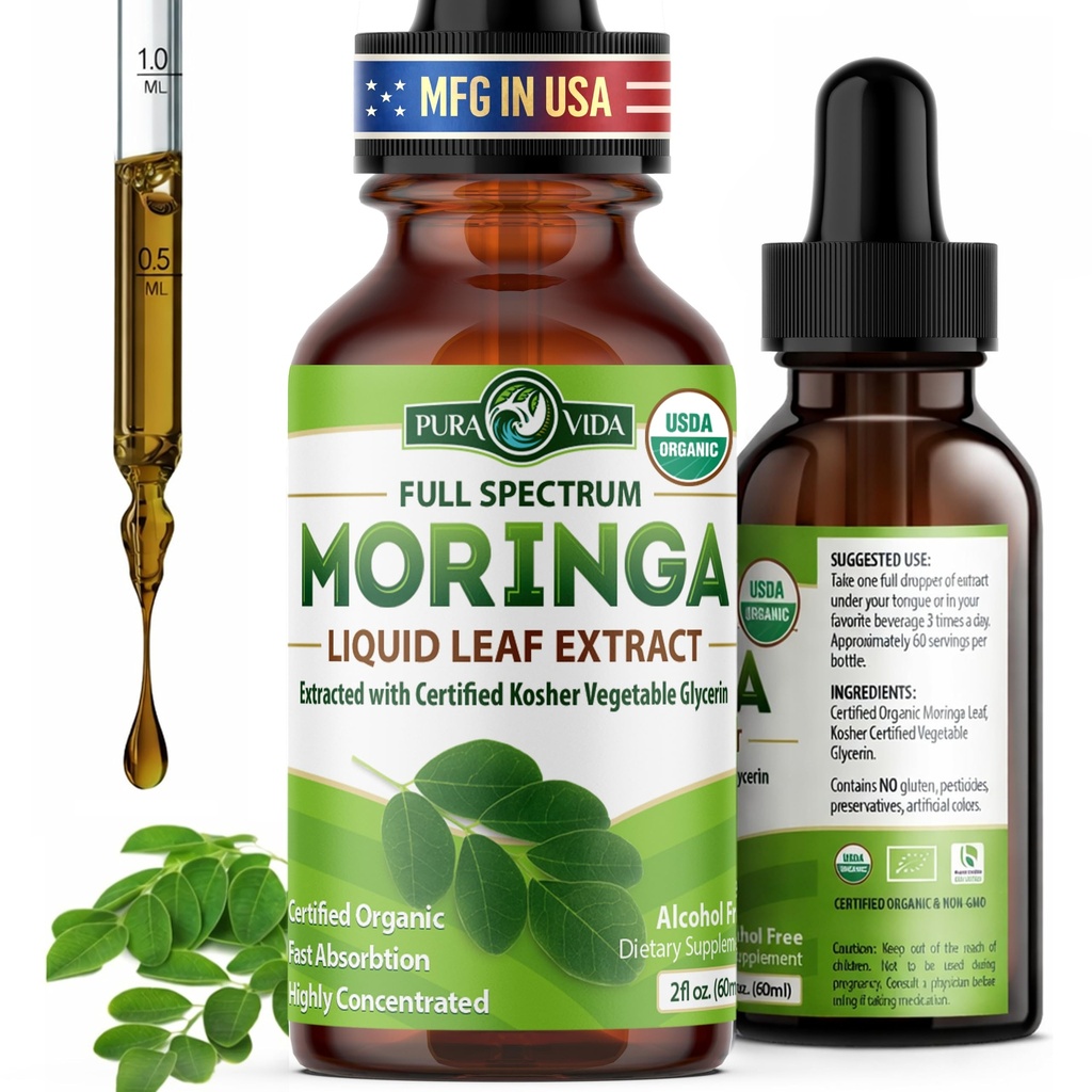 PURA VIDA MORINGA Leaf Extract Liquid Drops - USDA Organic Certified - Highly Purified, Bioavailable " Faster Absorption than Moringa Powder or Capsules - Single Origin Moringa Oleifera Leaves Extract