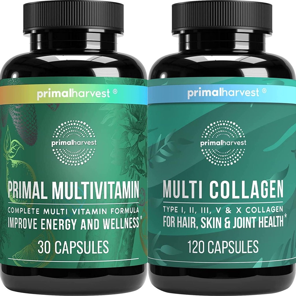 Primal Harvest Multivitamínico & Collagen Suplementos para Mujeres y Hombres Multi Vitaminas Capsules y Collagen Peptides Pills Bundle