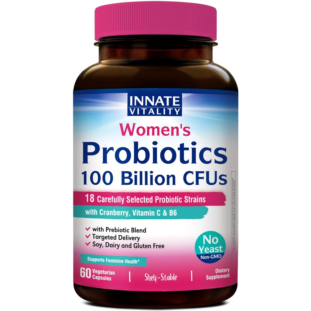 Probióticos de Vitality innato para mujeres, 100 millones de UFC 18 Strains, Prebióticos y Probióticos, con arándano, vitamina C " B6 P5P, Vaginal " Salud Digestiva, No refrigerada, 60 cápsulas