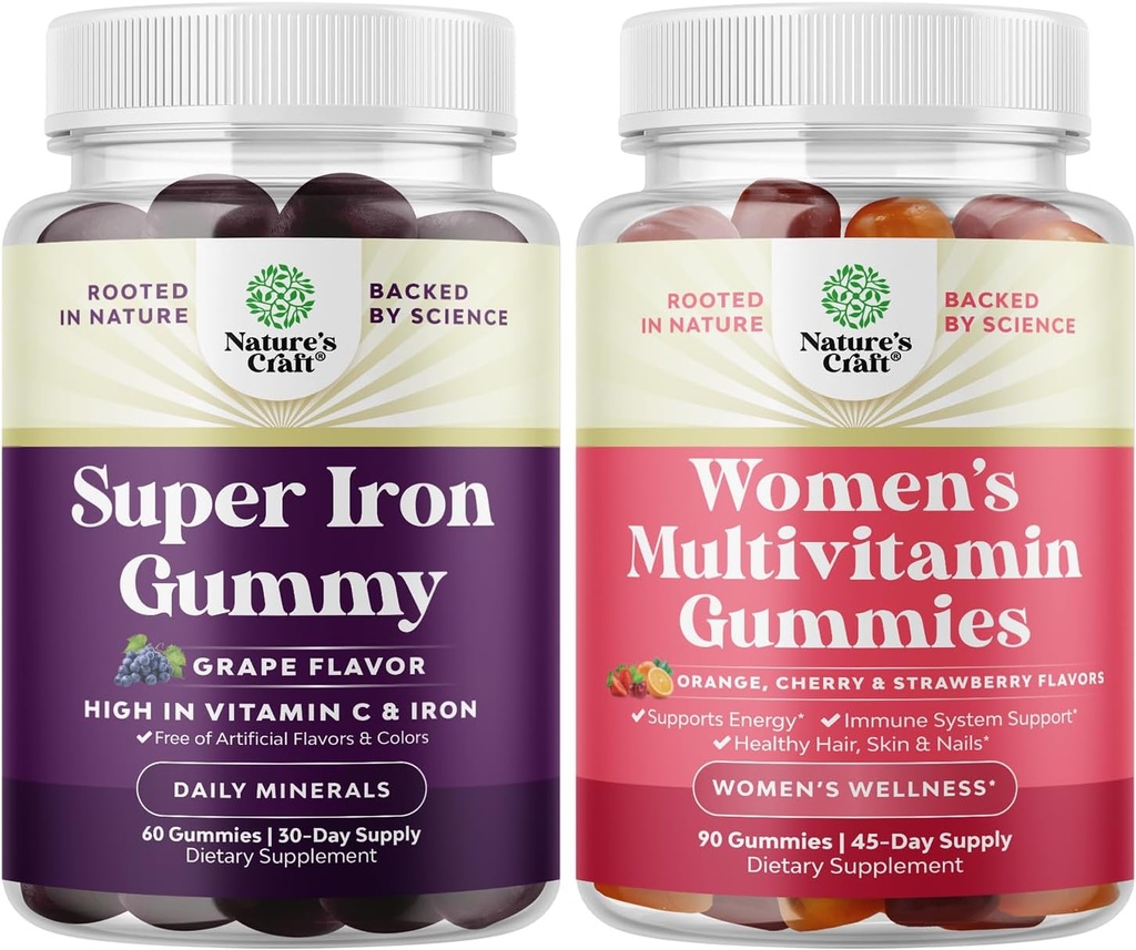 Conjunto de Gummies Extra Strength Iron para Mujeres y Hombres con Vitamina C para la Absorción Superior, y Delicious Daily Multivitamin para Adultos Energía e Inmunidad - Vitaminas para la Salud y Bienestar de la Mujer
