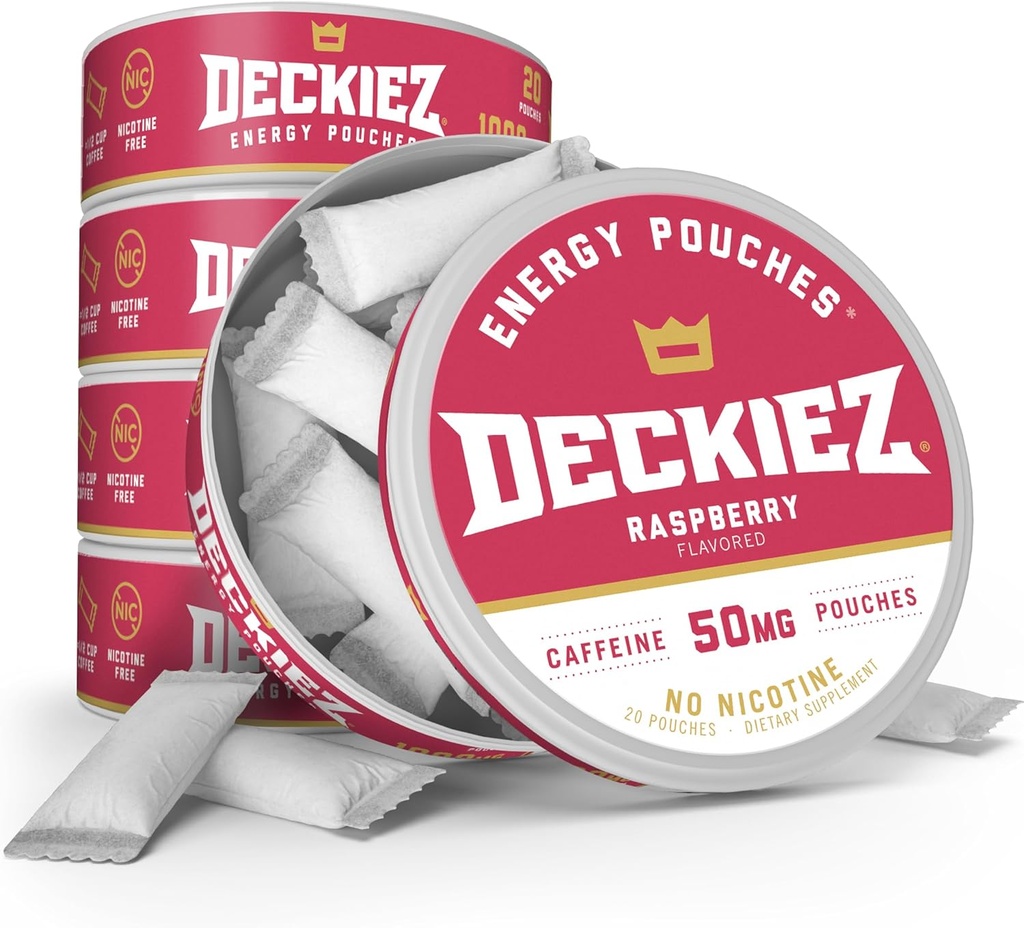 Deckiez Energy Pouches, 5 Cans (100 Servings), suplemento de cafeína gratis de azúcar, café Pouches " Energy Drink Alternative, 50mg Caffeine Pouches, Raspberry Flavor