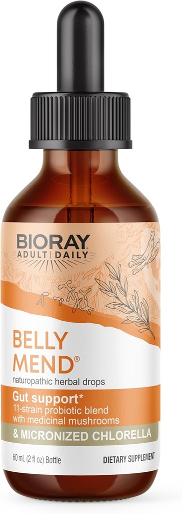 BIORAY Daily Belly Mend - 2 fl oz - 11-Strain Probiotic Blend with Medicinal Mushrooms - Supports Healthy Gut & Bowel Funciones - Non-GMO, Vegetarian, Gluten Free