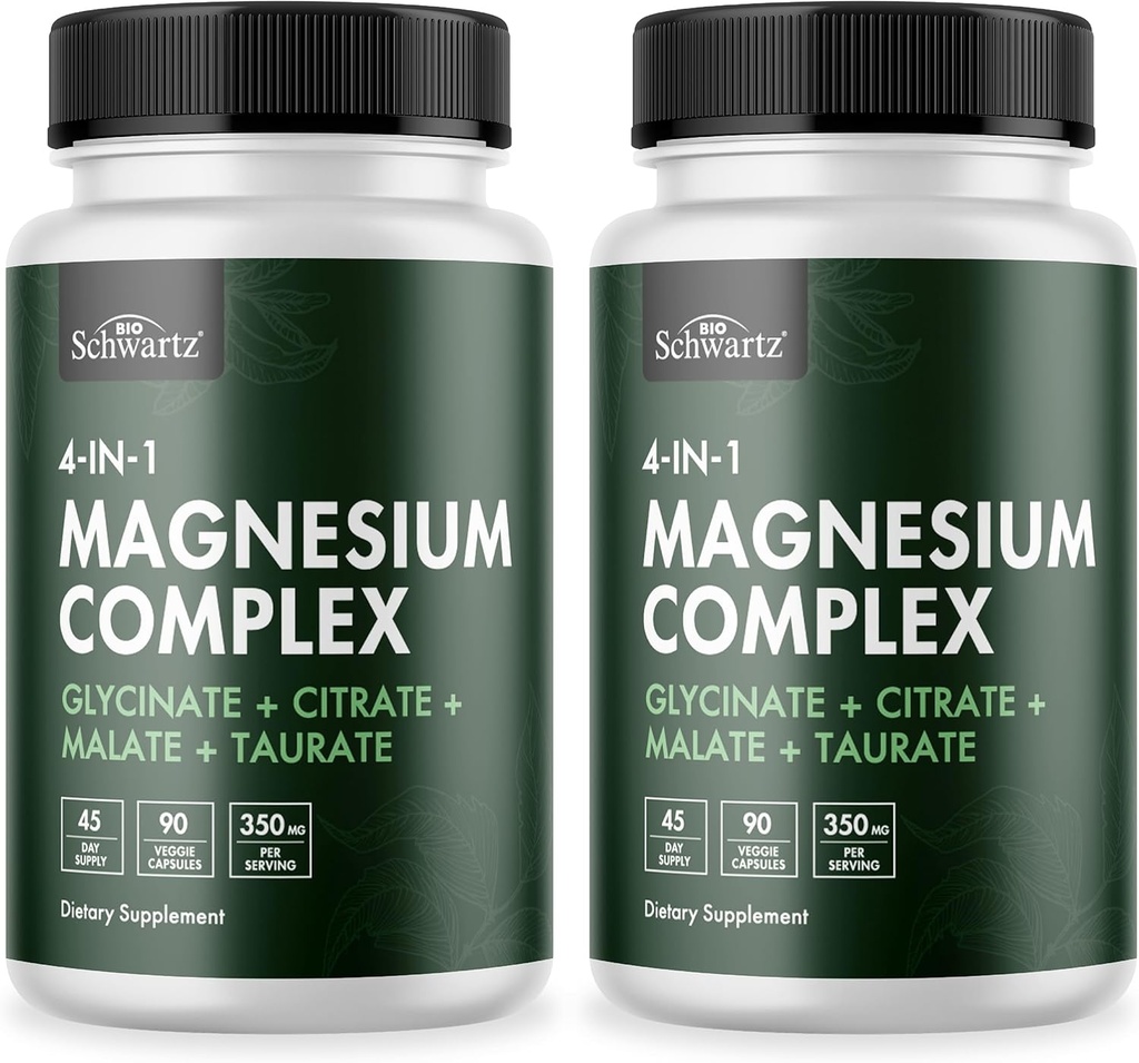BioSchwartz Magnesium Complex Supplement (2 Pack) 350mg Magnesium Glycinate Citrate Malate y Taurate Per Serving for Healthy Nerves Muscles Heart Sleep Support (Vegan, Gluten-Free, Non-GMO)