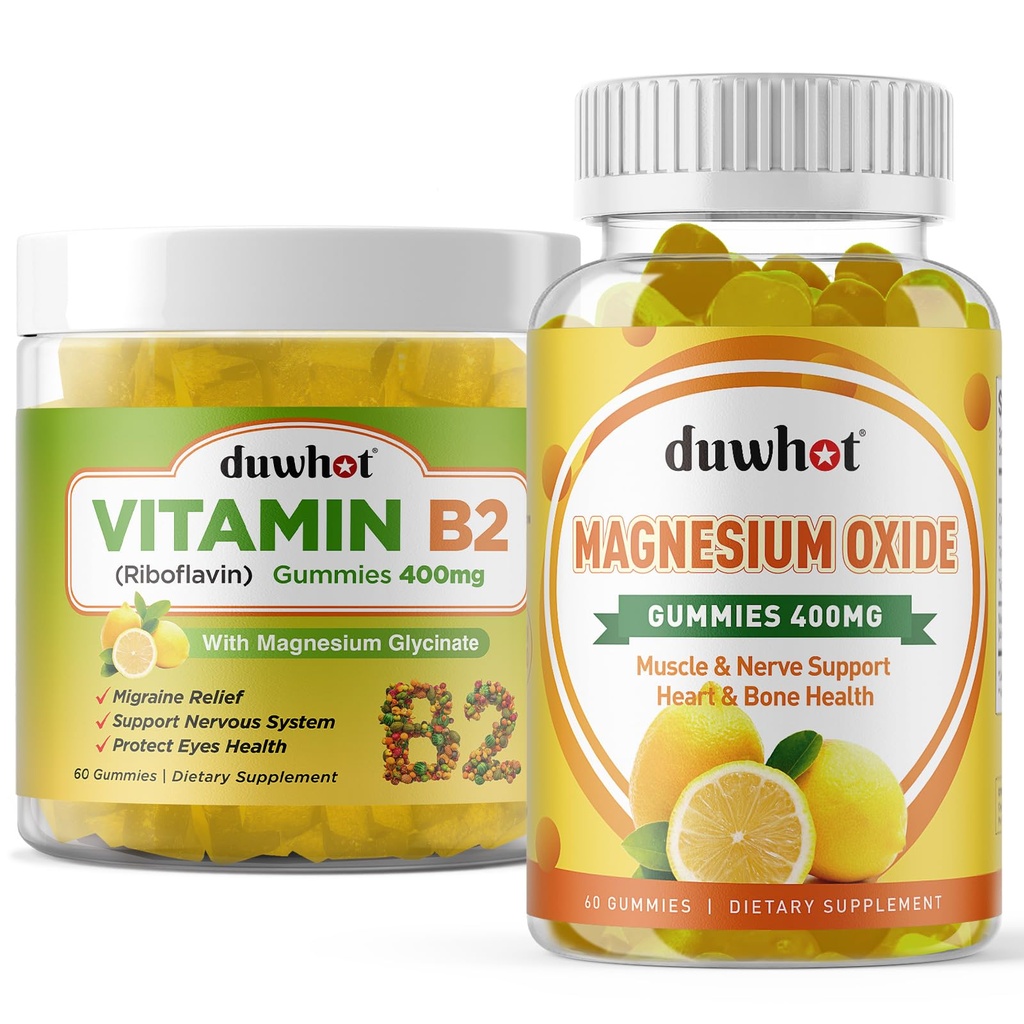 Migraine Relief - Vitamina B2 Gummies (Riboflavin) 400mg " Magnesium Oxide Gummies 400mg, Headache Relief " Nervous System Support