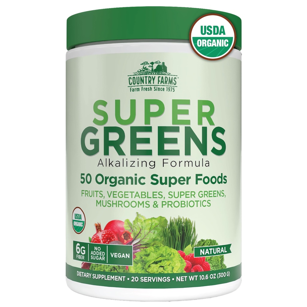 Agroturismo Super Greens Natural Flavor, 50 Ecológico Super Foods, Empaquetado con fibra, USDA Organic Drink Mix, Fruits, Vegetables, Mushrooms & Probiotics, Supports Energy, 6g Fiber