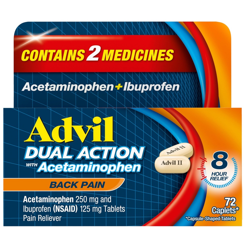 Advil Dual Action Back Pain Caplets ofrece 250mg Ibuprofen y 500mg Acetaminophen Por Dose durante 8 Horas de Back Pain Relief - 72 Cuenta