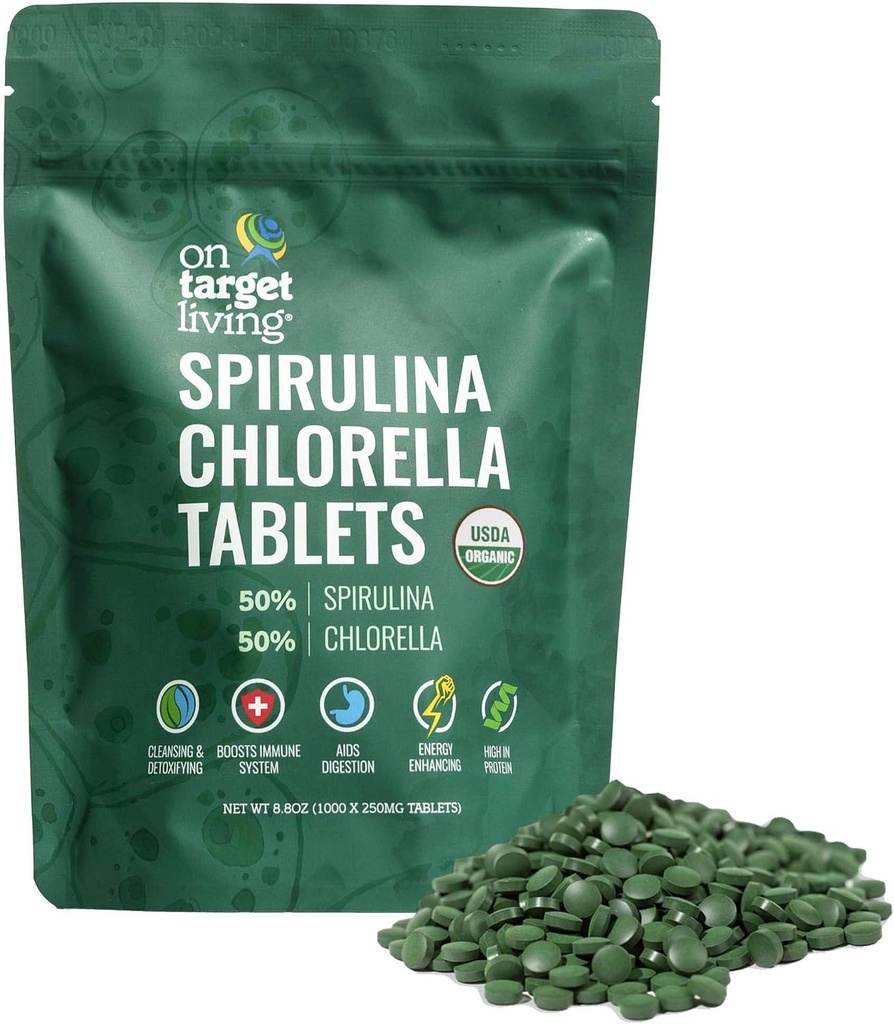 On Target Living Organic Spirulina Chlorella ← Supergreens Silencio USDA Orgánica tención 1000 Tablets- 250 G (8.8 oz) Silencio Vegan Silencio Immune Apoyo Silencio Alkalyzing ← Nutrient Dense ← Protein Dense