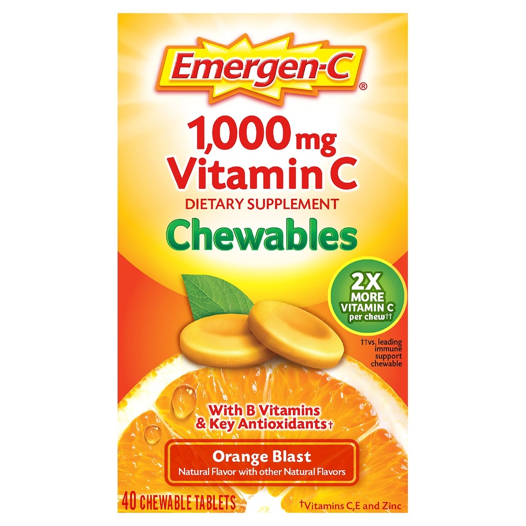 Vitamina C 1000mg, con vitaminas B y antioxidantes Tableta (40 conde, sabor a naranja), Suplemento dietético
