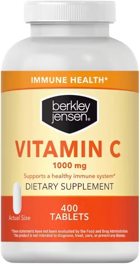 berkley jensen 1000 mg Suplemento de vitamina C (400 tabletas), fuerza adicional Apoyo diario a la defensa inmunitaria para hombres y mujeres, azúcar y ácido ascórbico sin gluten, puro