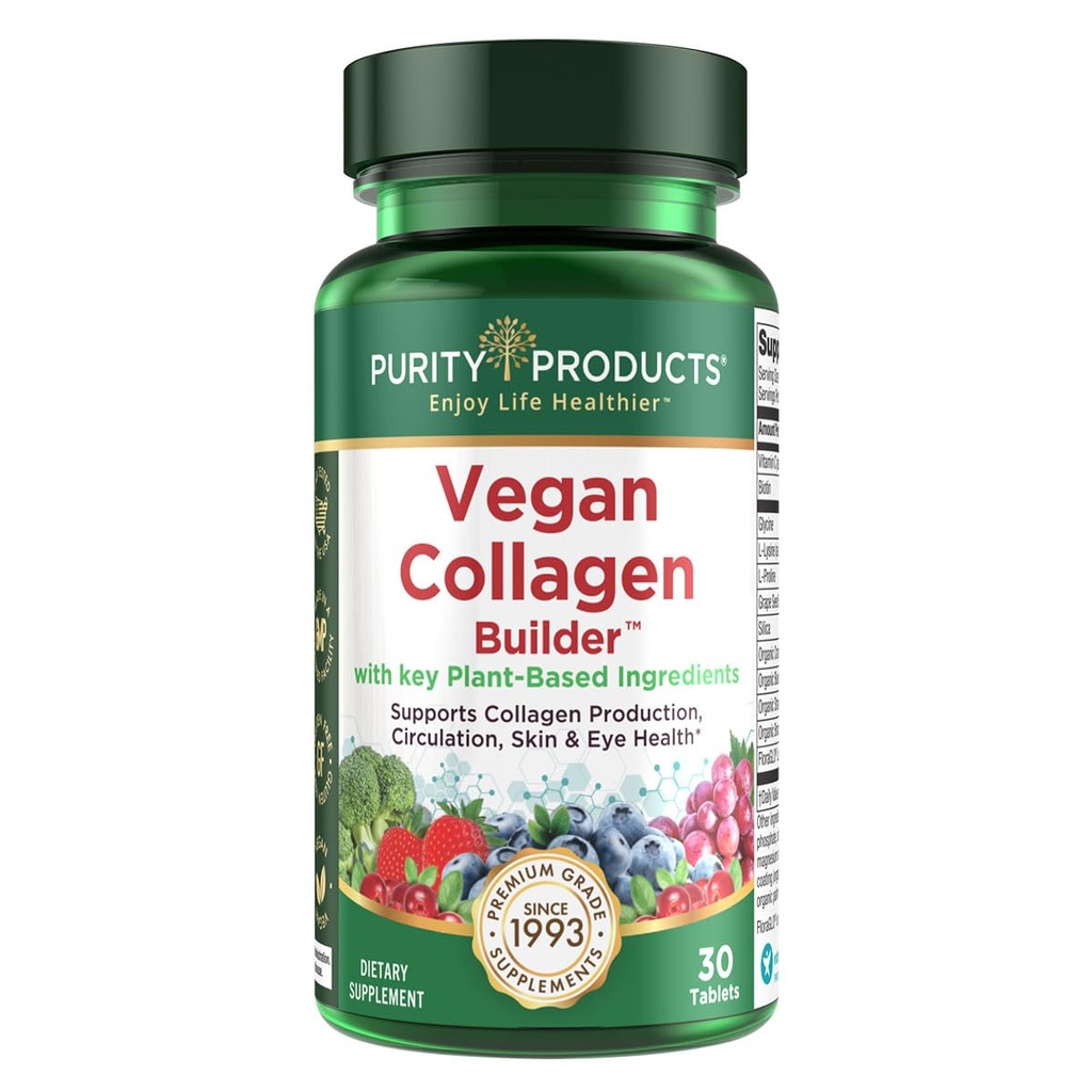 Constructor de colágeno vegano - Alimentos completos orgánicos Frutas + Veg, Silica, Lutein, Vitamina C, Biotina, Semilla de uva - Aminoácidos Glicina, Lisina + Proline Collagen Boosters (30 Servimientos, Tabletas)