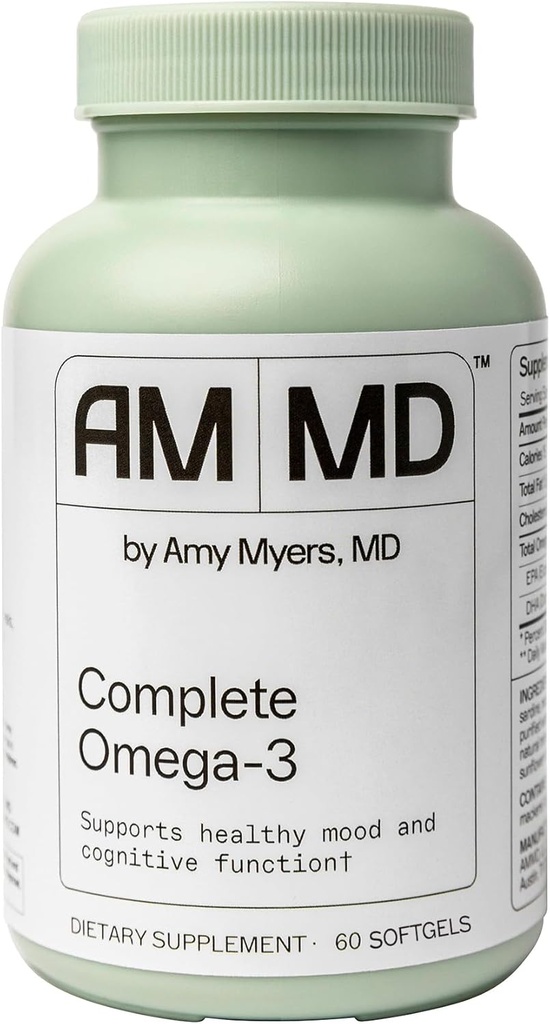 Amy Myers MD Complete Omega-3 Softgels - Suplemento de aceite de pescado para soporte de sistema cardiovascular e inmunitario - Non-GMO, non-Dairy " Non-Soy - 60 Softgels (60 Servings)
