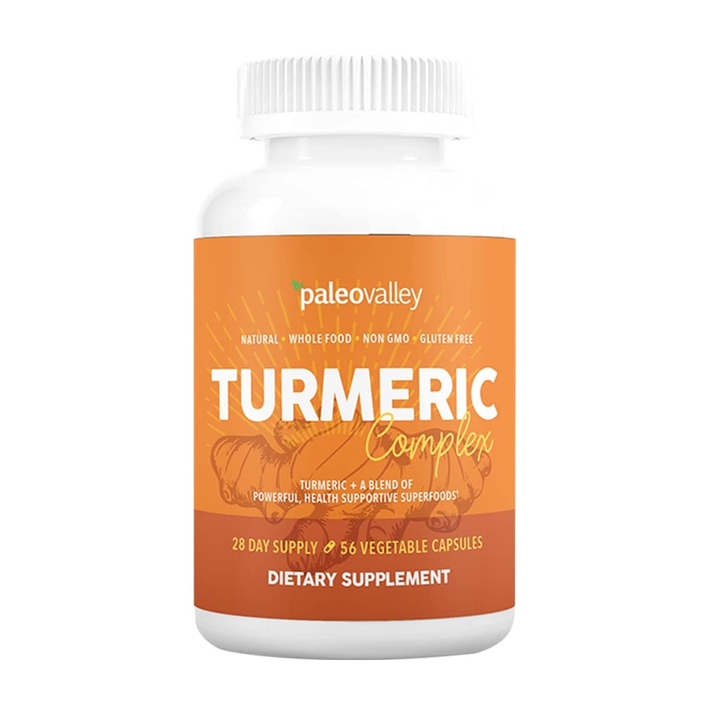 Paleovalley - Complejo Turmérico Orgánico - Turmérico Orgánico Espectrum completo con Superalimentos Salud-Apoyo - 56 cápsulas vegetarianas - Conjuntos de soporte, inmunidad, cerebro y salud cardíaca