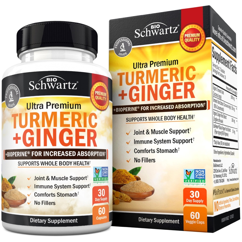 Curcumina y suplemento de jengibre Turmérico - 95% Curcuminoides estandarizados con BioPerine Black Pepper Extracto para la absorción ultra alta - Suplemento de soporte conjunto natural - Gluten-Free - 60 cápsulas
