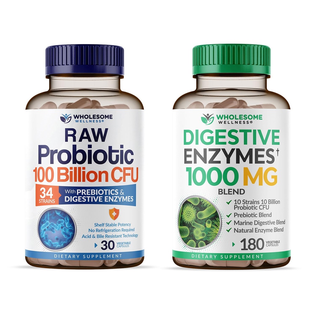 Bienestar integral Probióticos orgánicos 100 Billones CFU + Enzimas digestivas 1000mg con Prebióticos Bundle