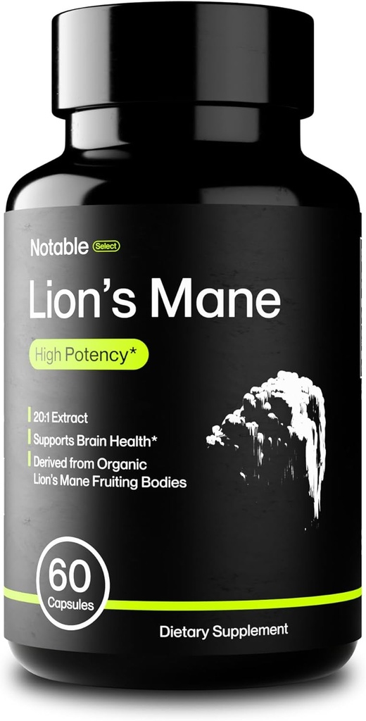 Notable Select Lion's Mane Mushroom Suplemento Silencio 20:1 Extracto ← Premium Cognitive Support Silencio Orgánica ← Lab-Tested  Ingredientes puros (1 Bottle / 1-Month Supply)