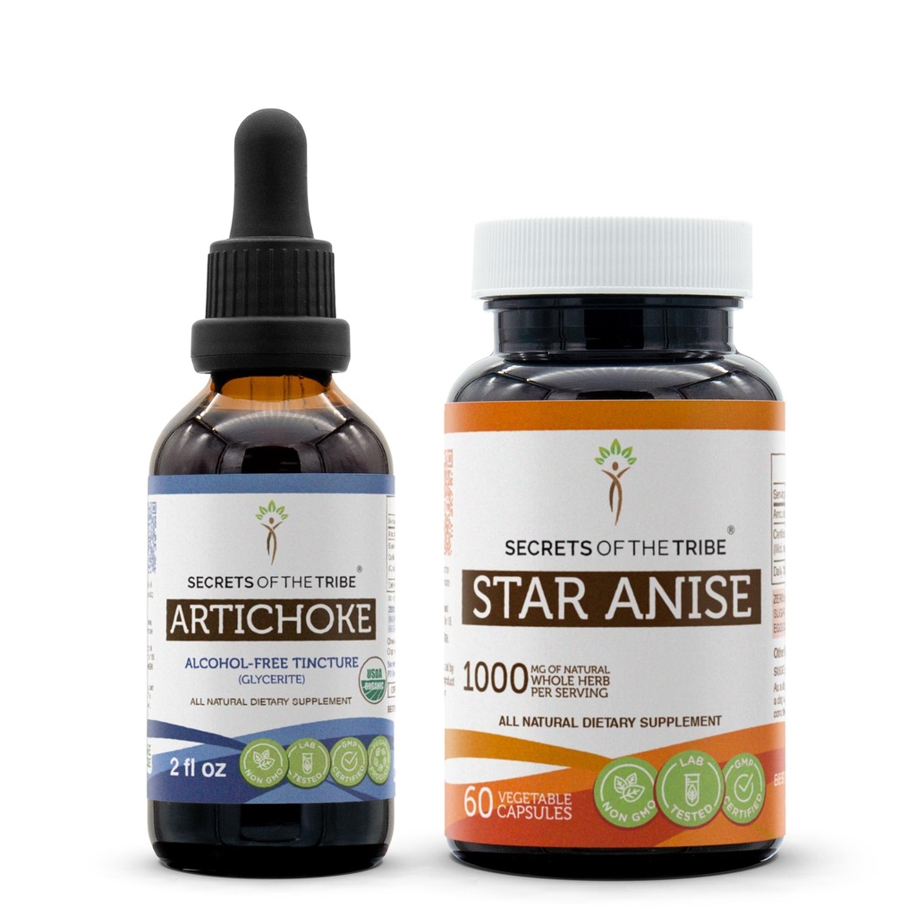 Artichoke USDA Organic and Star Anise Capsules (2 pcs.) ← Artichoke Orgánico Libre de Alcohol (Cynara scolymus) Leaf seco 2 oz y 1000 mg Star Anise (Illicium verum) Semilla seca (60 cápsulas)