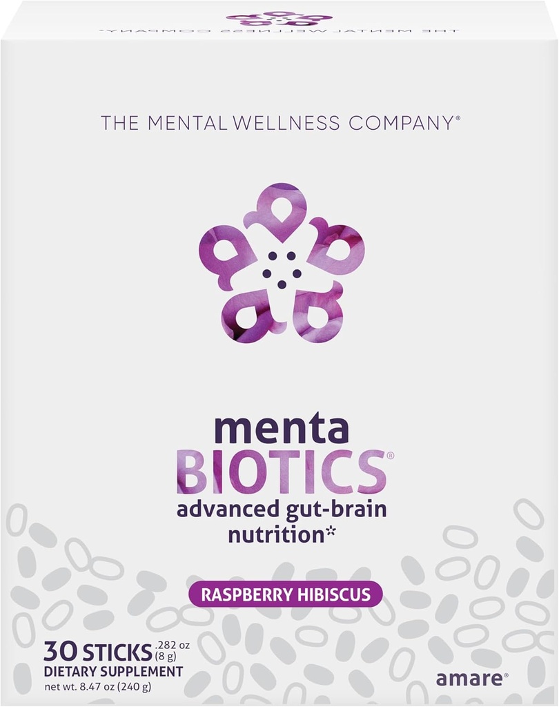 MentaBiotics® Advance Gut Brain Nutrition Prebiotic, Probiotic, and Phytobiotics, Raspberry Hibiscus, 30 Servings