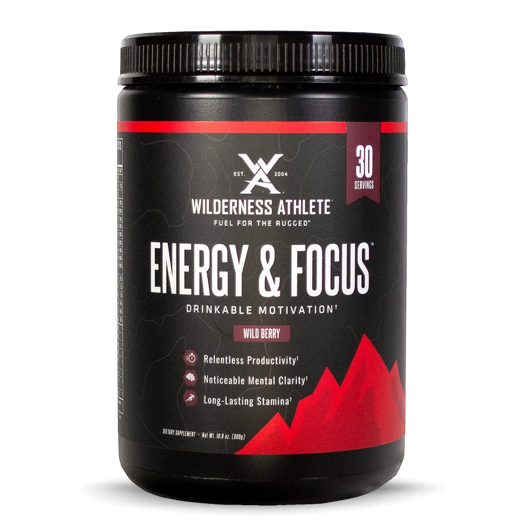 Wilderness Athlete - Energía > Enfórmese en Energía Pre Workout para Mujeres y Hombres - Energy Powder Drink Mix with Natural Caffeine - Low-Carb, Zero Sugar Workout Powder - 30 Serving Tub (Wild Berry)