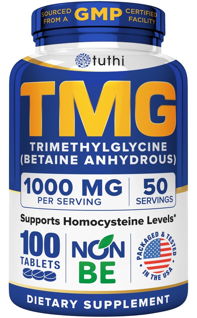 Tuthi TMG Suplemento – 1000mg Trimetilglicina – Aminoácidos betainos para soporte cardiovascular y niveles saludables de homocisteína – 100 tabletas vegas – libre de gluten, no transgénico – Hecho en EE.UU.