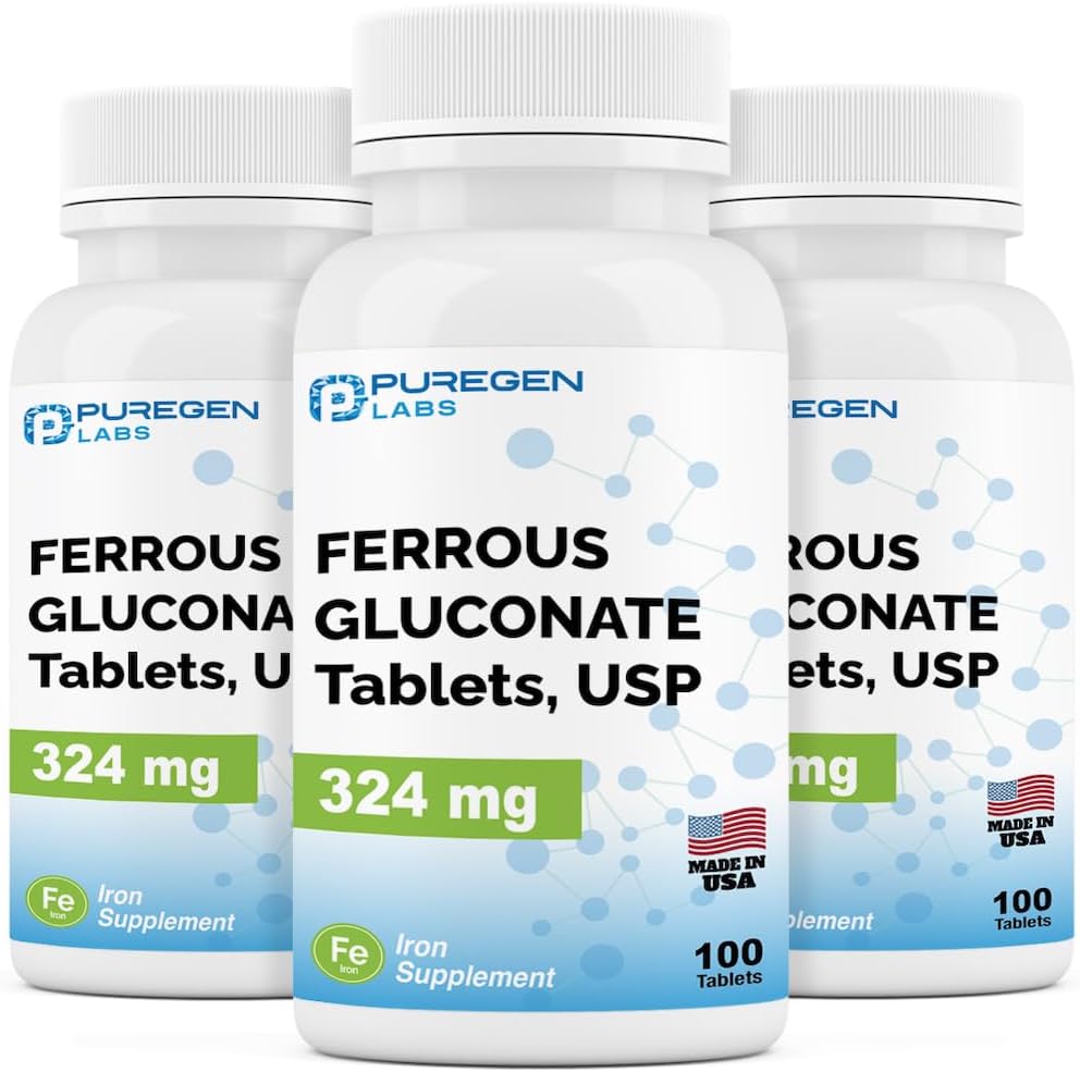 Puregen Labs Ferrous Gluconate 324 mg [High Potency] Iron Supplement, Gentle on Stomach TEN 3 Pack - 300 Tablets Total