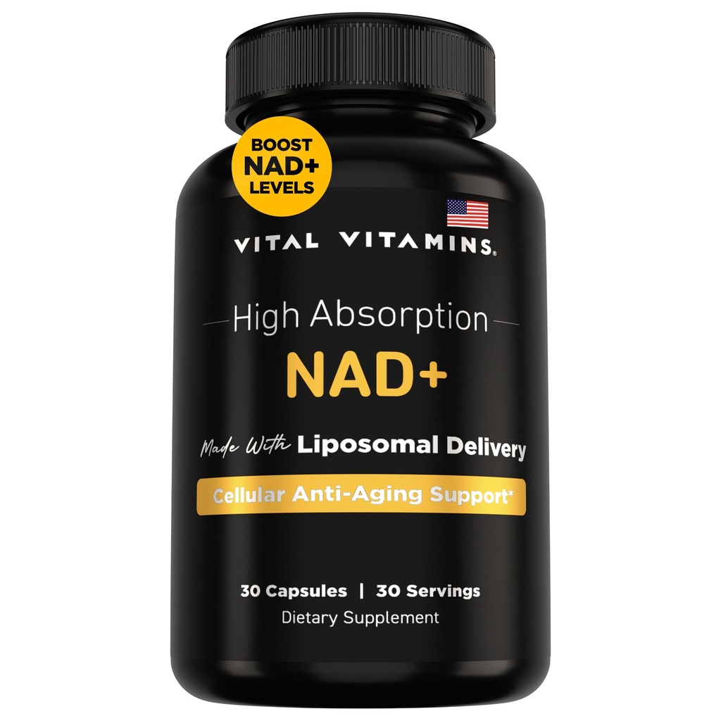 Vitaminas Vitales NAD Suplemento - NAD+ (Nicotinamide Adenine Dinucleotide) para Hombres &amp; Mujeres - Fabricado con Entrega Liposomal - Celular Anti-Aging Support, Energy, Focus - 30-Day Supply