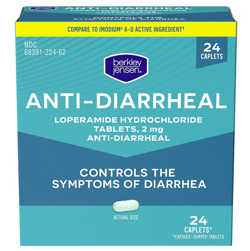berkley jensen Anti-Diarrheal Medicine - Loperamide Hydrochloride 2 mg Dirrhea Relief Caplets - Control Symptoms of Diarrhea including Travelers' Diarrhea, Easy-to-Swallow Anti-Diarrhea Pills, 24 Ct