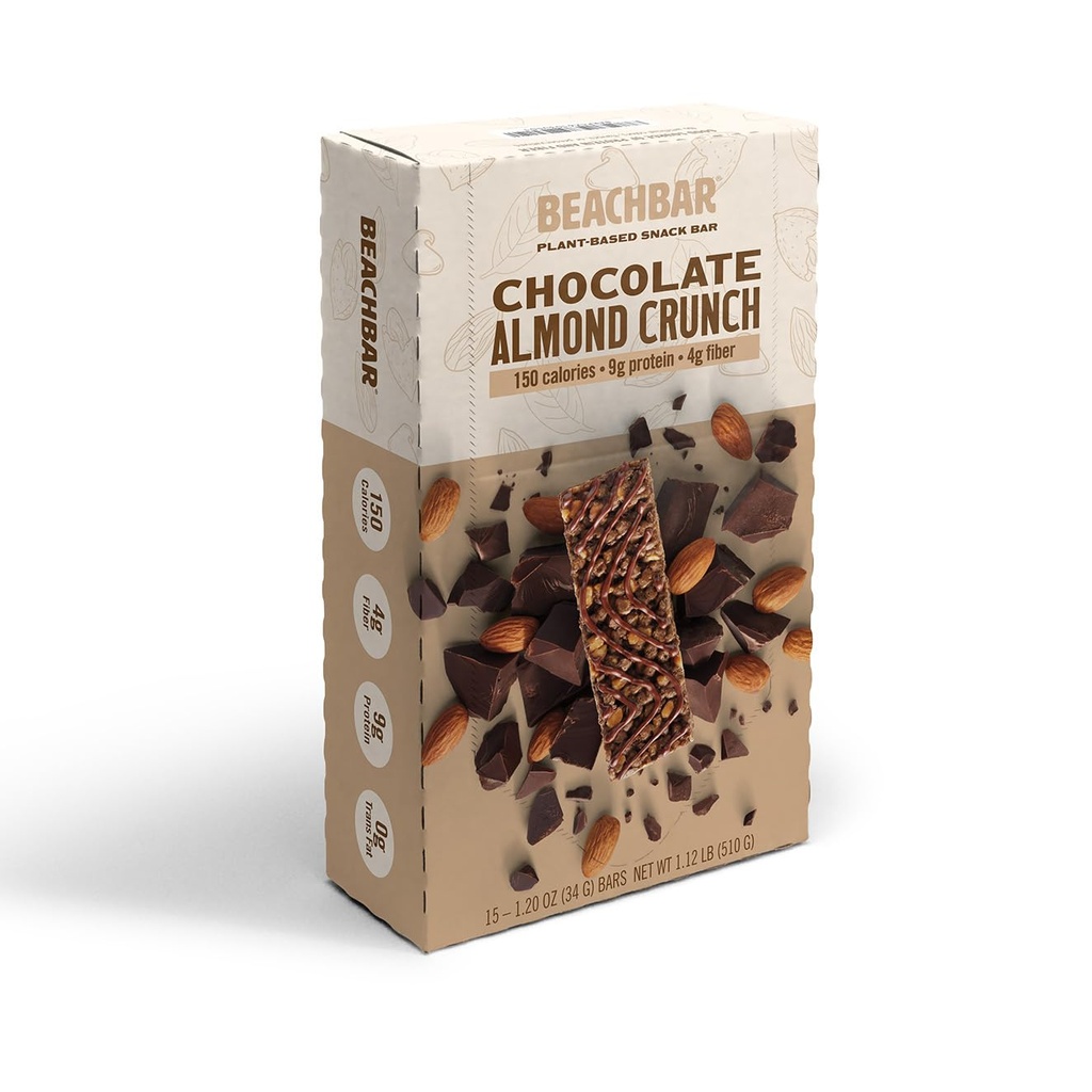 BODi BEACHBAR Trinch de almendras de chocolate con base vegetal – Protein Rich Vegan Snack Bar, Gluten-Free, Low Glycemic Index, 10g Protein, 150 Calories, 15 Bares por caja