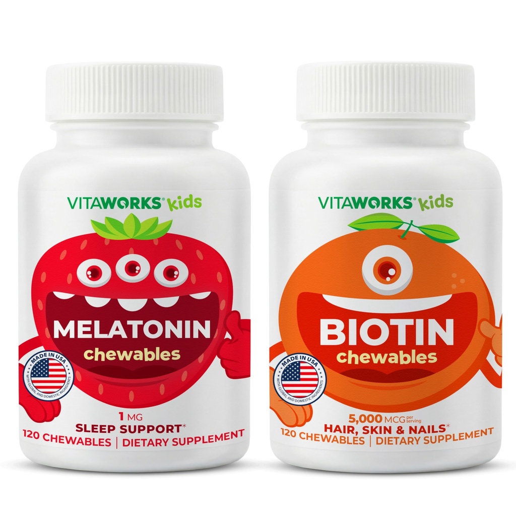 Niños Melatonina 1 mg Chewables + Biotina 5000mcg Chewables Bundle