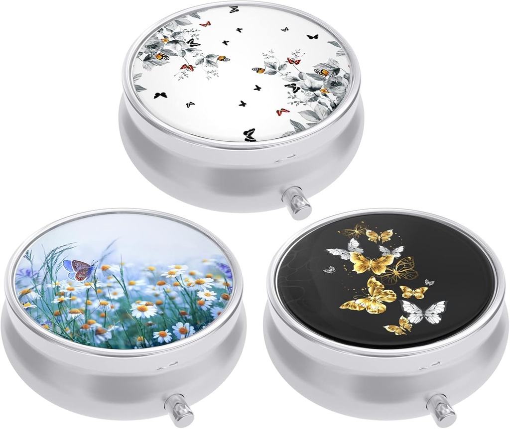 3 Caja de Píldora de Empaquetado, Funda de Píldora Pequeña para Propósito &amp; Bolsillo, Organizador de Medicina Cuda, Contenedor de Contenedor de Medicina Portátil para Tener Vitaminas, Medicación, Petróleo de Pesca &amp; Suplemento, Mariposa
