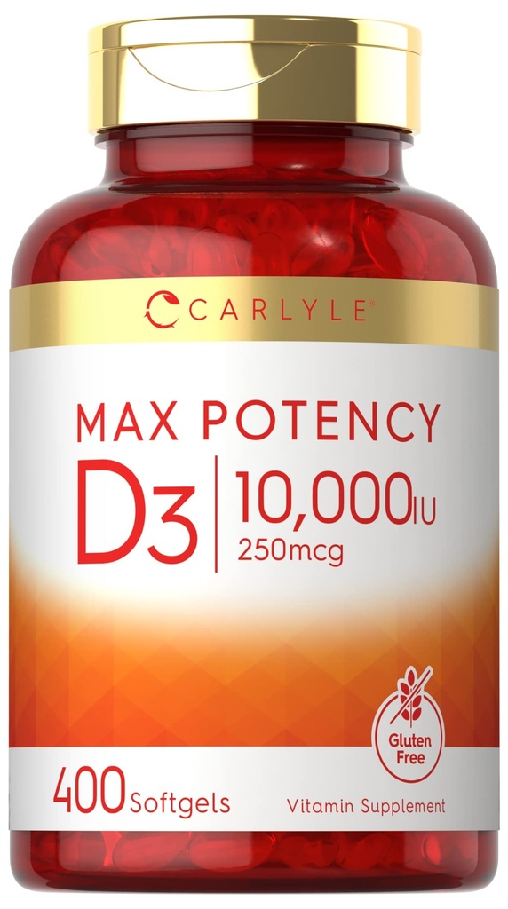 Carlyle Vitamin D 10000 UI 400 Softgels ← Valor Tamaño Silencio Max Potency ← No GMO, Gluten Suplemento Gratis