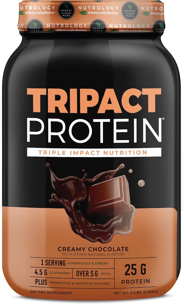 TRIPACT de Nutrología Protein Powder - 7-in-1 Meal Replacement Shake with Grass Fed Whey Protein Powder, Pea, Rice, Greens for Muscle Recovery & Immunity, Creamy Chocolate Flavor, 40 Servings