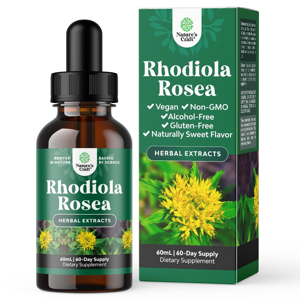 Natures Craft High Potency Rhodiola Rosea Tincture -Liquid Rhodiola Supplement for Stress Energy and Mood Support with 3% Salidrosides Rosea Extract - Vegan Non-GMO & Alcohol-Free (60 Servings)