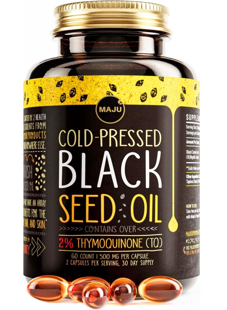 Maju Superfoods Black Seed Oil Capsules - Cold Pressed, 2% Thymoquinone, 100% Turco Negro Cumin Nigella Sativa Seed Oil, Liquid Pure Blackseed 60 Cuenta, 500 mg por cápsula