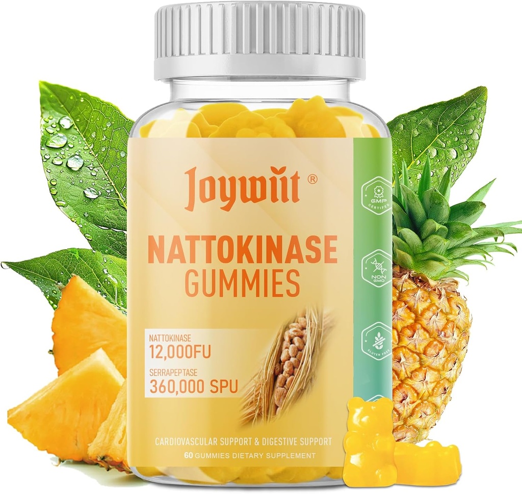Nattokinase Gummies 12,000 FU, Serrapeptase Gummies 360,000 SPU Suplemento de Enzyme con Bromelain Papain " Inulin for Circulatory, Gut, Digestion Support, Vegan, Non GMO, 60 Condes