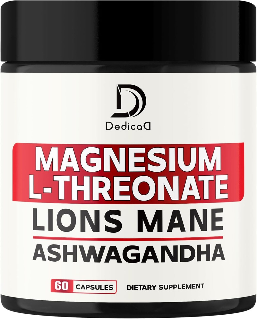 Magnesium L-Threonate Suplemento con Lions Mane & Ashwagandha Root - 1000Mg Por Serving for 60 Count Supply - Advanced Formula Support