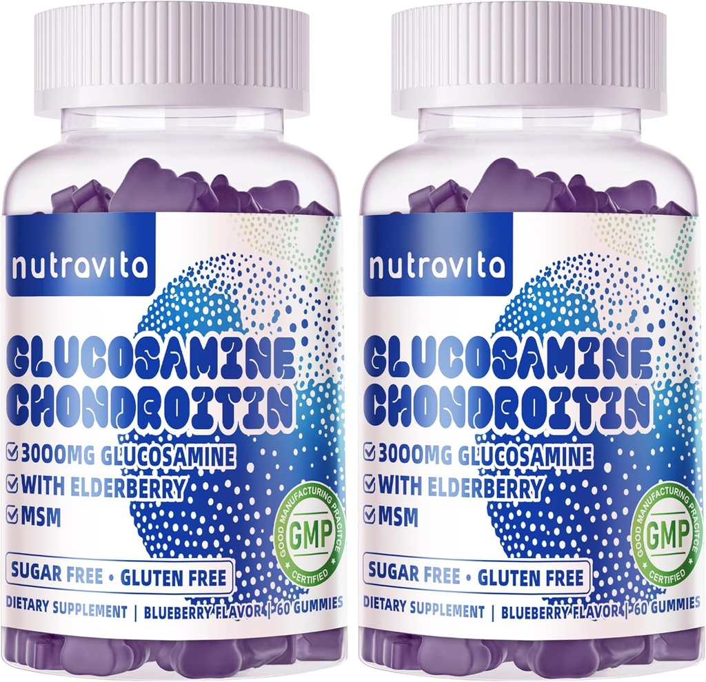 Glucosamine Chondroitin Gummies with MSM & Elderberry Extra Strength - Soporte conjunto, suplemento de apoyo antioxidante para adultos, hombres y mujeres.120 Blueberry Chews