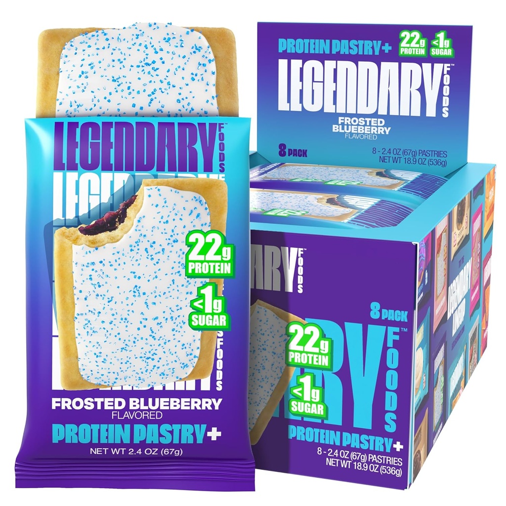 Alimentos legendarios 22g Protein Pastry+ Frosted Blueberry, Low Carb Meal Replacement Bar - Low Glycemic, Gluten Free Protien Snacks - Healthy Keto Snack Box 8 Zero Sugar Energy Bares - Diabético Friendly