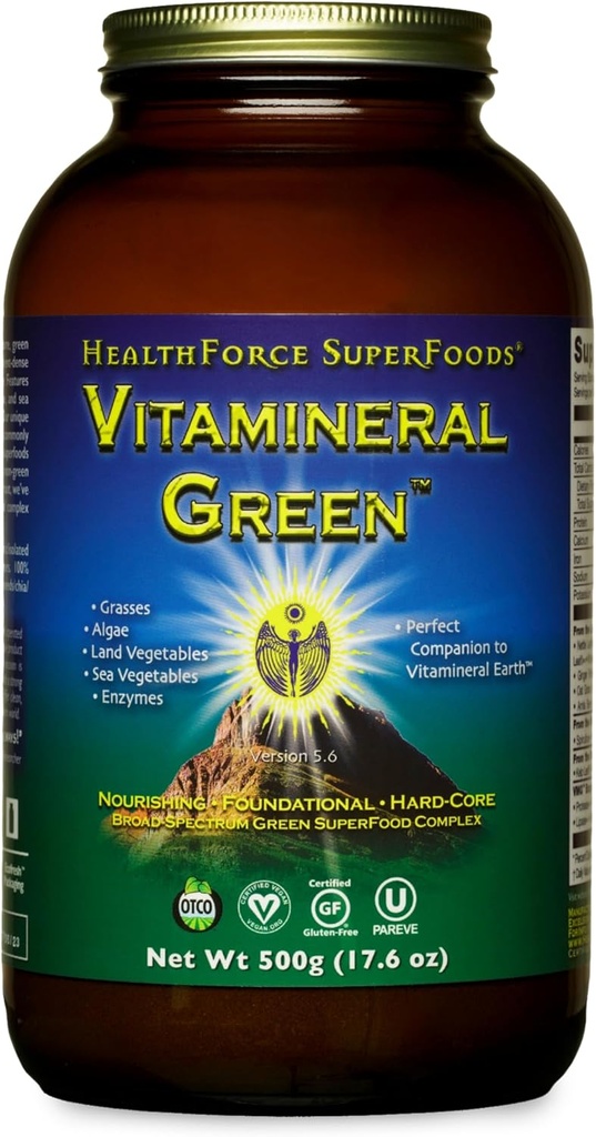 SUPERFOODS DE LA HEALTHFORCE Vitamina Verde - Suplemento Mineral para el Soporte de Tiroides Inmune - Suplemento de Polvo Verde con Ingredientes de La Tierra - Libre de gluten & Vegan - 500 gramos