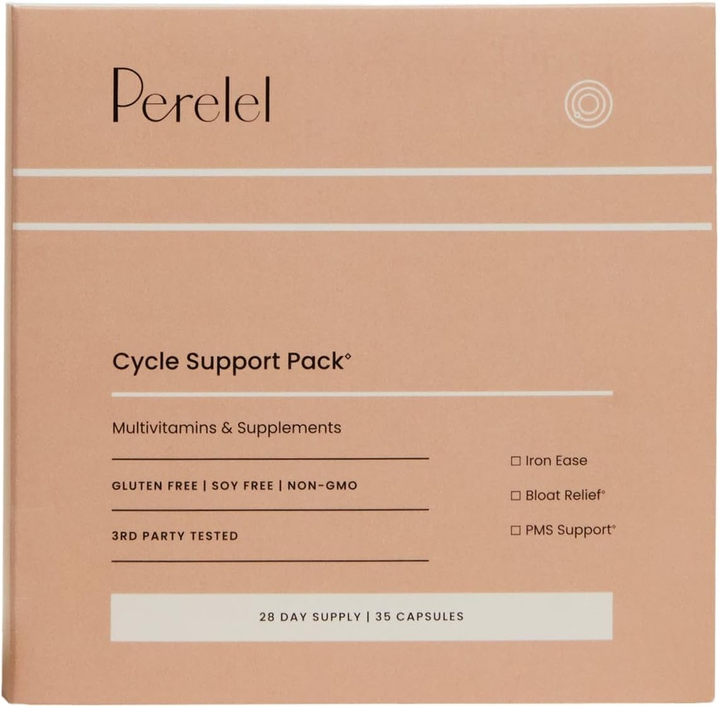 Perelel Cycle Support Pack, Suplemento diario con hierro, vitamina C, B12 &amp; Bloat y PMS Support Blend, Soy, Dairy &amp; Gluten Free, Non GMO, 28 Day Supply
