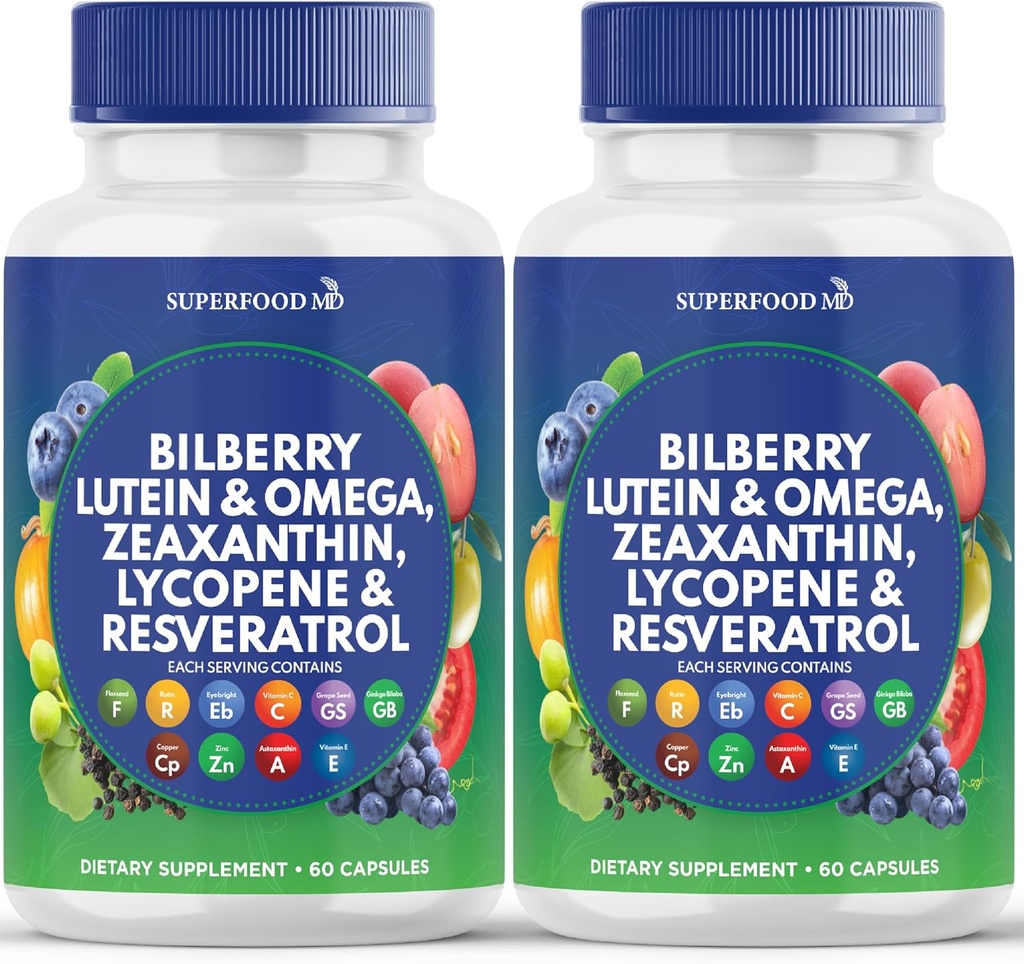 Superfood MD Eye Health Vitaminas con luteína de mora " Zeaxanthin Lycopene 40mg Resveratrol Grape Seed Extract Astaxanthin- AREDS 2 - Eye Vitamin - 120 Capsules