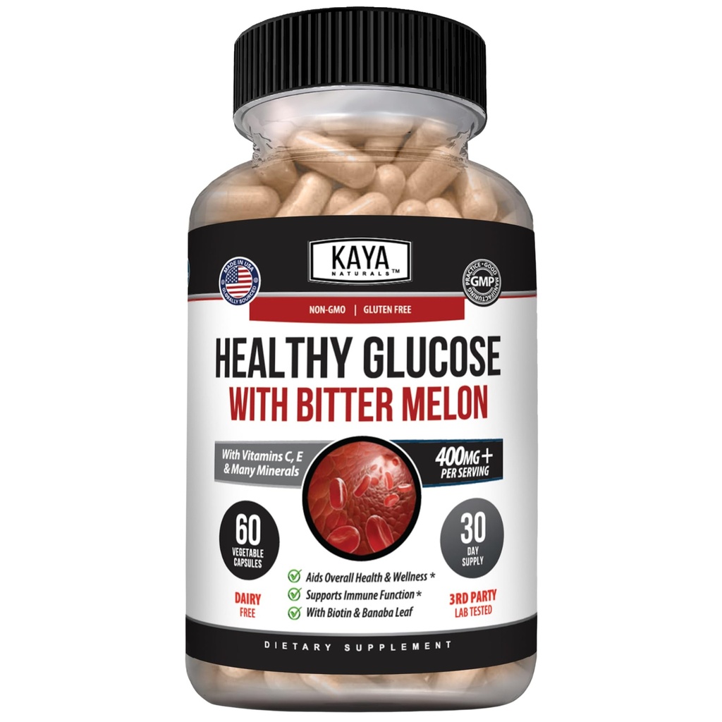 Kaya Naturals Gluco saludable con suplemento de Bittermelon Apoyo Niveles y Función saludables, 20 hierbas Vitaminas y Minerales, Acide de Lipoico alfa, Canela, Vitamina C &amp; E, No GMO (60 Cuenta)