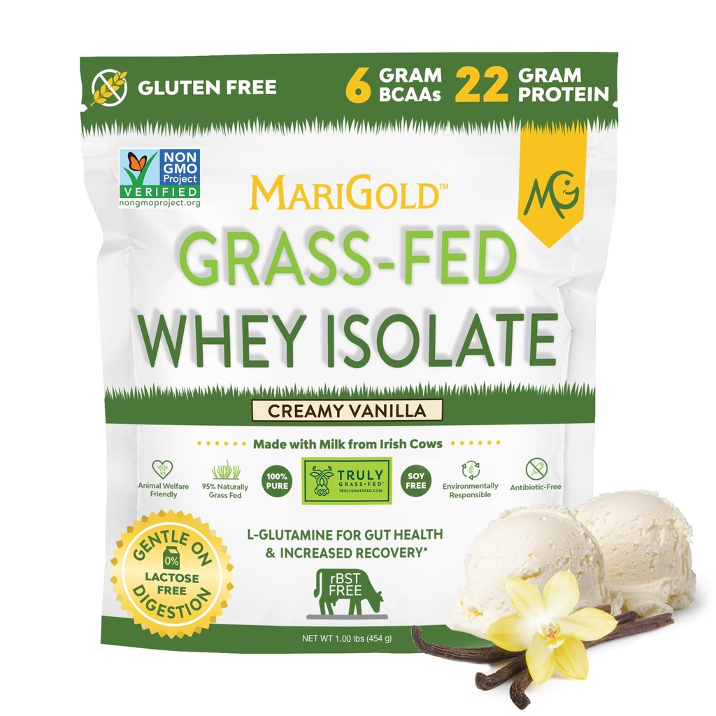 MariGold Grass-fed Whey Protein Isolate Powder - Creamy Vanilla Flavor - 1 Lb Bag TEN 100% Puro, Procesado en frío, MicroFiltered, Undenatured, Non-GMO, rBGH Free, Soy Free, Gluten Free, Lactose Free