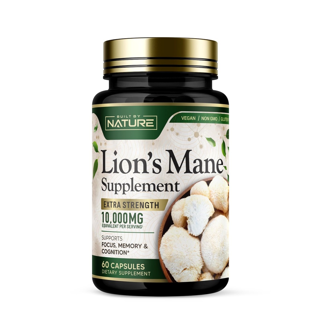 Construido por la Mane 10.000 mg de Nature Lion – Suplemento de cuarto de baño de fuerza extra para el soporte cerebral nootrópico – Función de enfoque, memoria y cognitivo – No GMO, libre de gluten, Vegan - 60 cápsulas