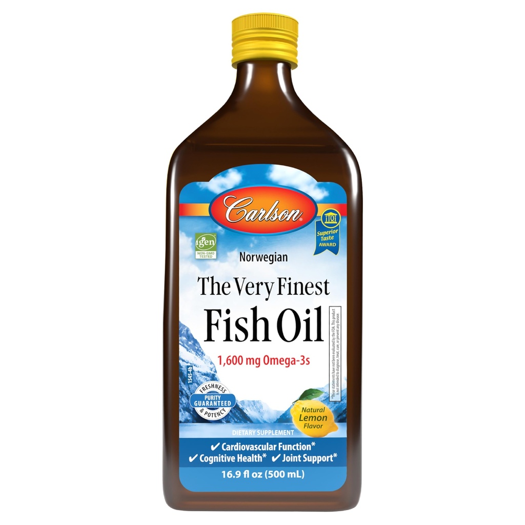Carlson - El aceite de pescado muy fino, 1600 mg Omega-3, Suplemento líquido, noruego, Wild-Caught, Fuente sostenible, Lemon, 16.9 Fl Oz